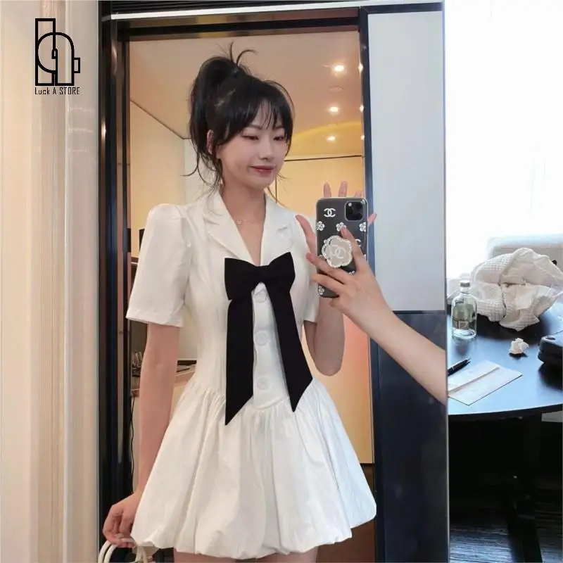 Korean Women V Neck One Piece Dress Short Sleeve Black Elegant Basic Casual Dress Bow Design Female 22 Summer Y2k Dresses Aliexpress