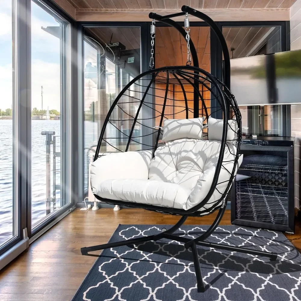 Hanging Egg Chair With Stand Indoor Swinging Chair Outdoor Hammock Egg For Patio, Bedroom,Garden And Balcony (White,Large)