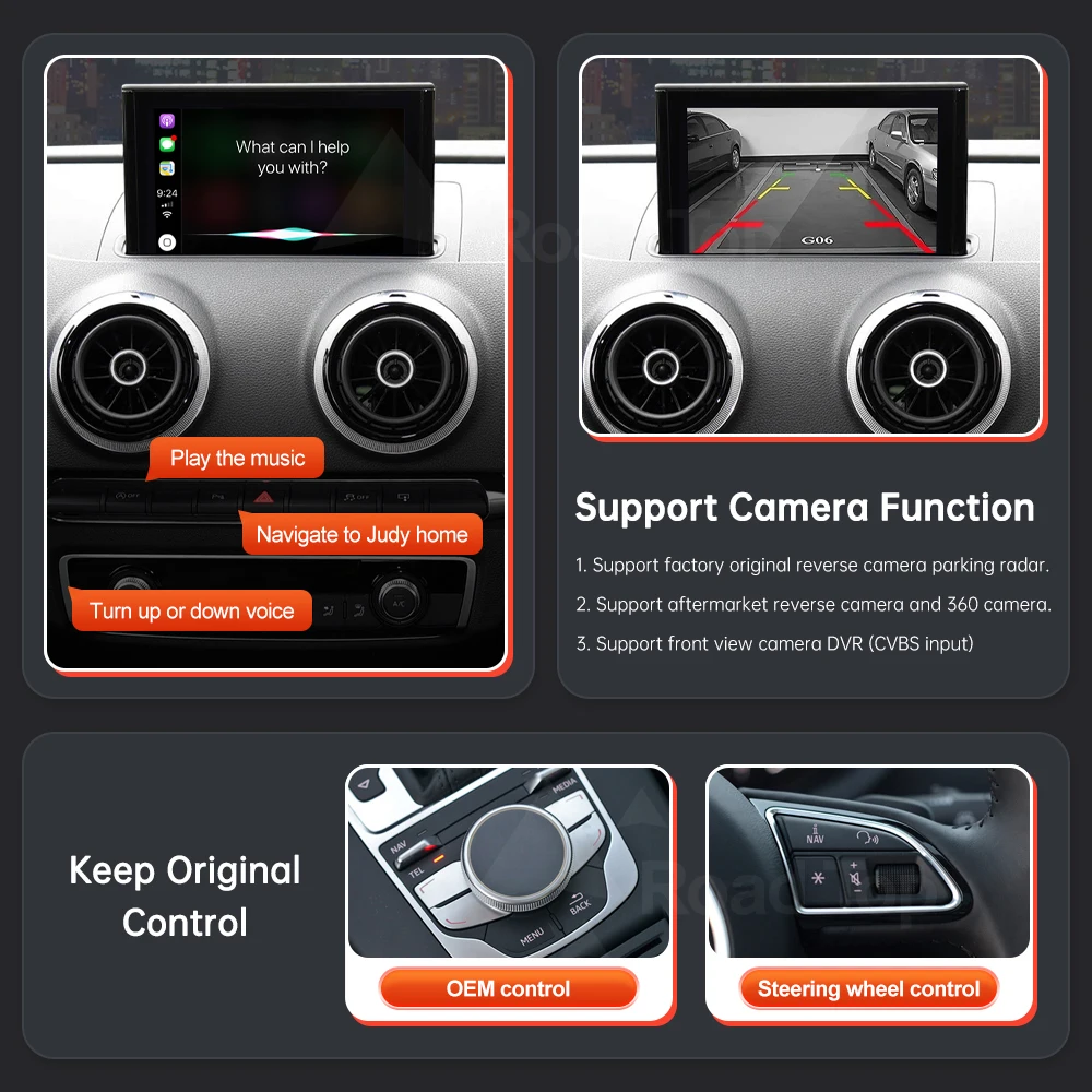 Road Top-decodificador inalámbrico para coche, dispositivo con Android, CarPlay, AirPlay, Mirror Link, cámara trasera, funciones BT, para Audi A3 2013-2018 5