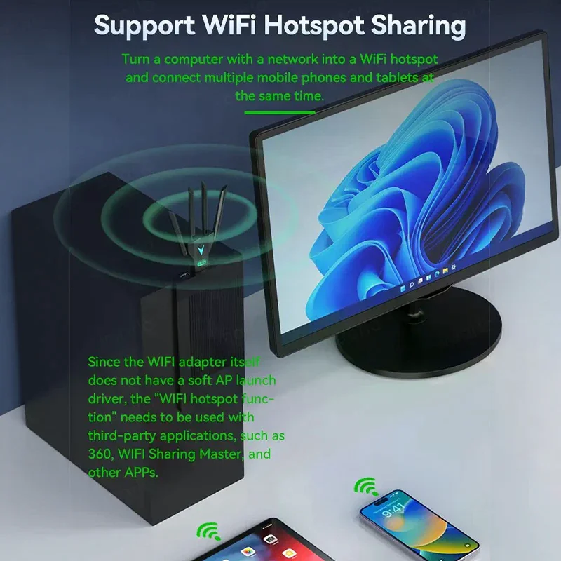 듀얼 밴드 1300Mbps WiFi USB 어댑터 2.4G/5Ghz Wi-Fi 동글 USB3.0 802.11AC PC/노트북용 4안테나 무선 수신기 드라이버 무료
