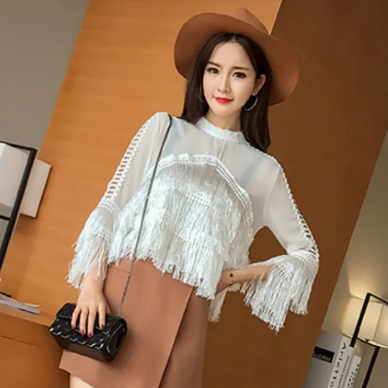 Woman bottoming Fringed chiffon Shirts tassels Blouses Three quarter Flare sleeve spring Slim O