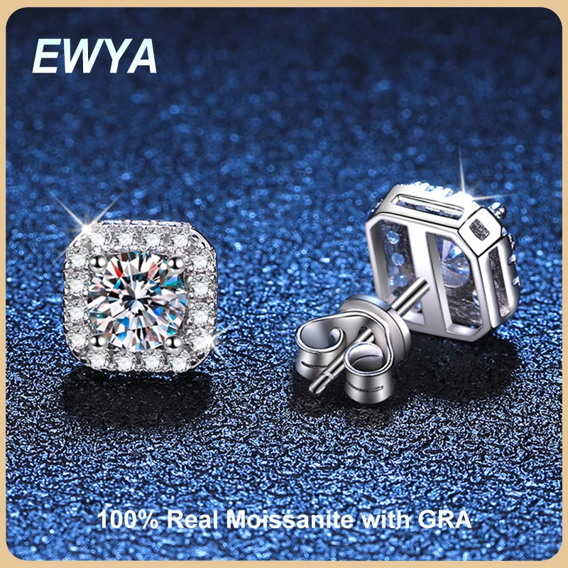 

EWYA Luxury Designer Real 1 Carat Moissanite Diamond Stud Earrings for Women S925 Sterling Silver Earring Wedding Fine Jewelry