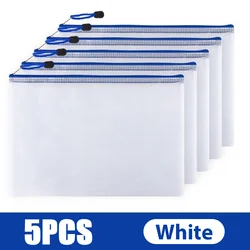 Set of 5 Waterproof Mesh Zipper Pouches for Document, Pencil, and Board Game Storage (White)