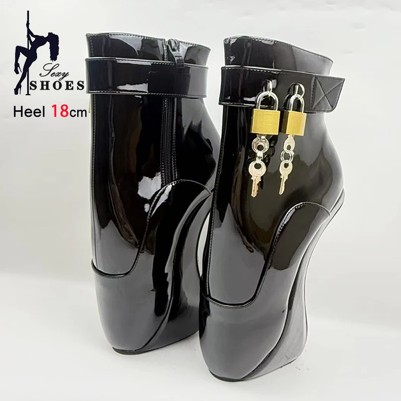 Strange style Hoof Heel Ballet Ankle Boots Women 18CM Super High Heel Lockable Wrap Strap Sexy Heelless Style Fetish Black Shoes