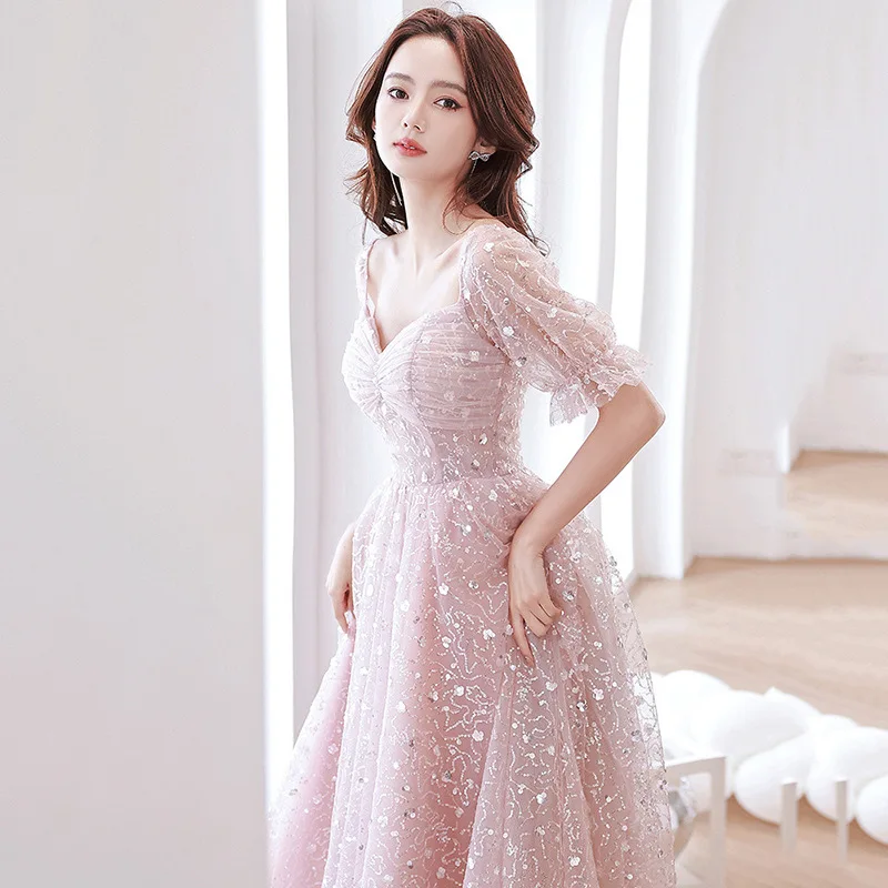 Roze Avond Galajurken Voor Vrouwen Sprankelende Lantaarnmouwen