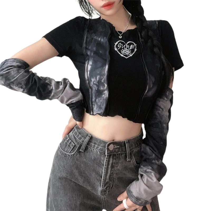 

N7YD All-match Breathable Tie-Dye Design T Shirt Women Hot Girls Arm Cover+Tee Shirts Summer Female Commute Square Neck Top