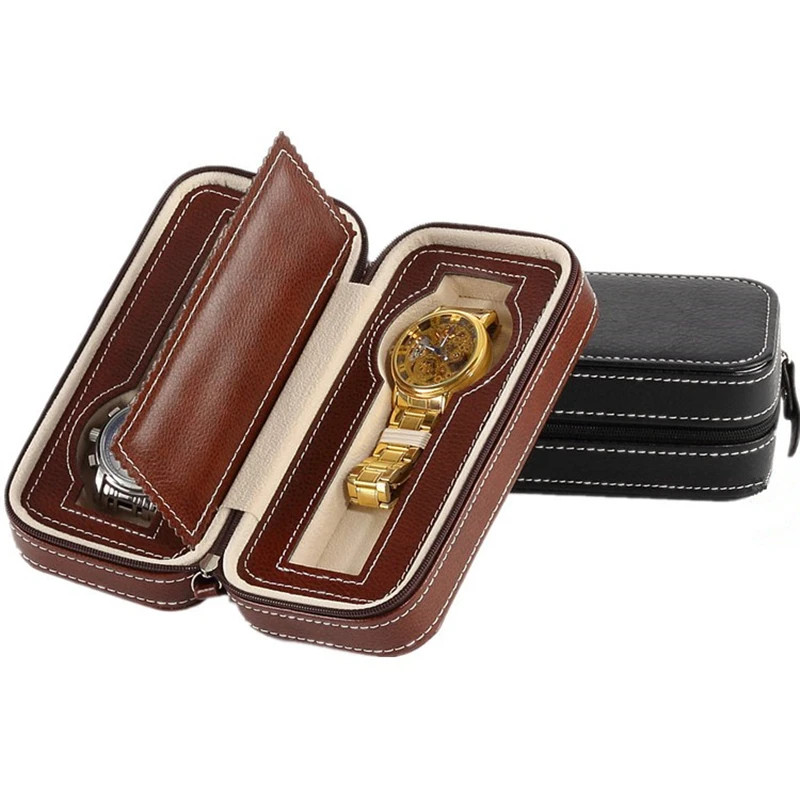 2 Slots Leather Watch Box Organizer New Watch Display PU Case Storage Box Travel Holder For Men