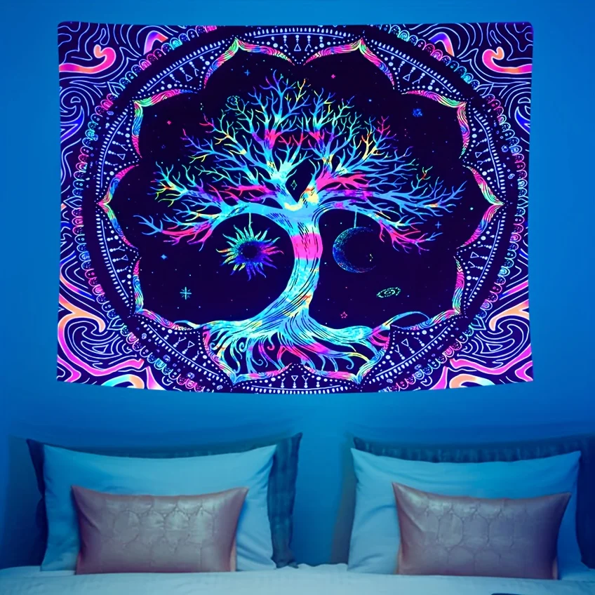 Tapestry Decor 1Pcs 75x58cm Tree of Life Tapestry BlackLight Sun Moon Stars Galaxy Colorful Hippie Psychedelic Bedroom Dorm Aesthetic
