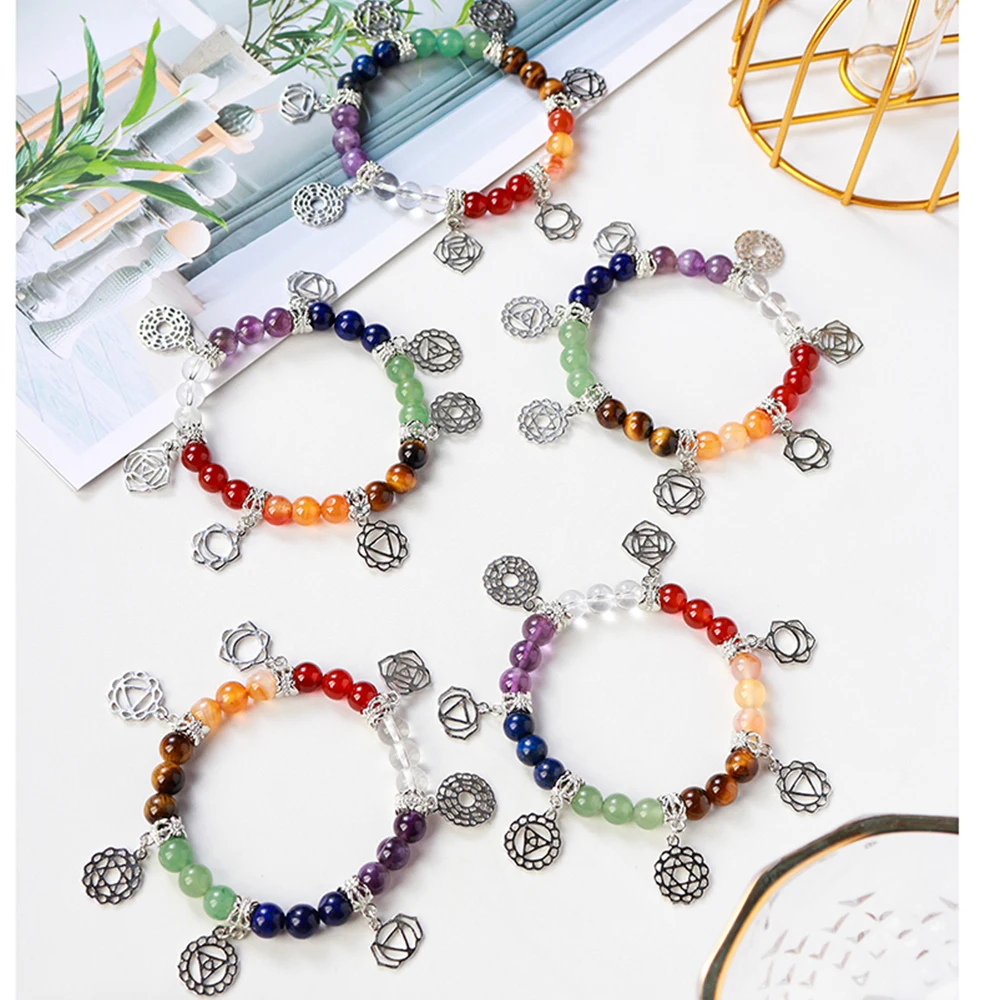 

Mineraali 8mm 7 Chakra Bracelet Healing Balance Energy Mix Bead Natural Tiger Eye Amethyst Gemstone Yoga Charm Jewelry for Women