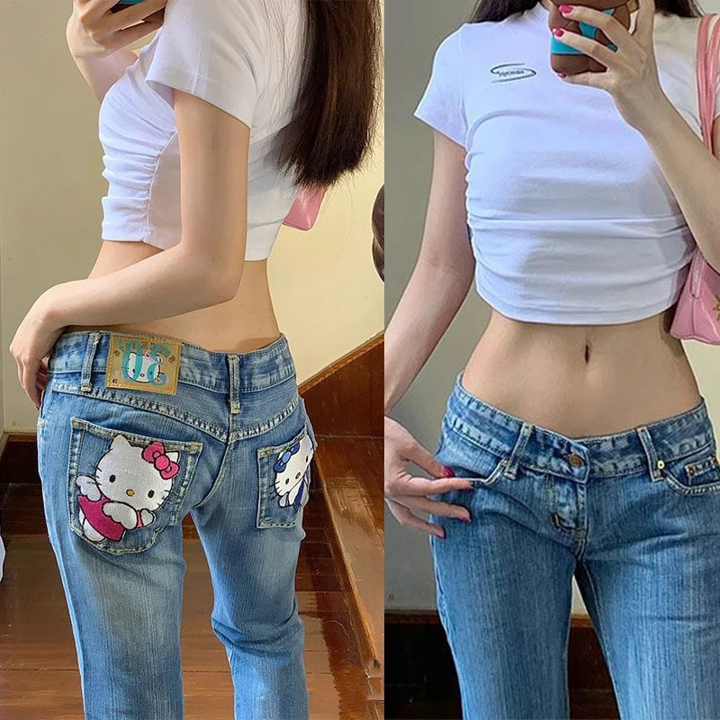 

Fashion Sanrio Hellokitty Cartoon Women Pants Kawaii Anime Printed Perforated Jeans Slim Loose Mid Waist Straight Leg Pants Gift