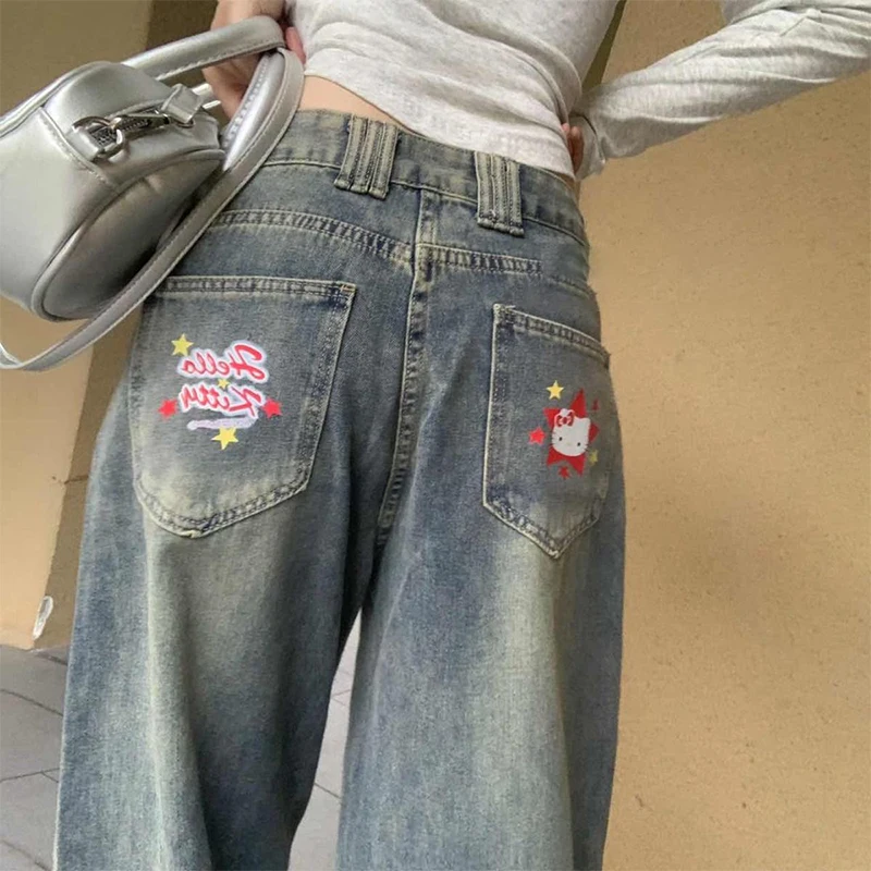 

Original Self Made Hello Kittys Jeans Sanrioed Woman Cartoon Printing Autumn Winter High Waist Straight Leg Floor Mopping Pants