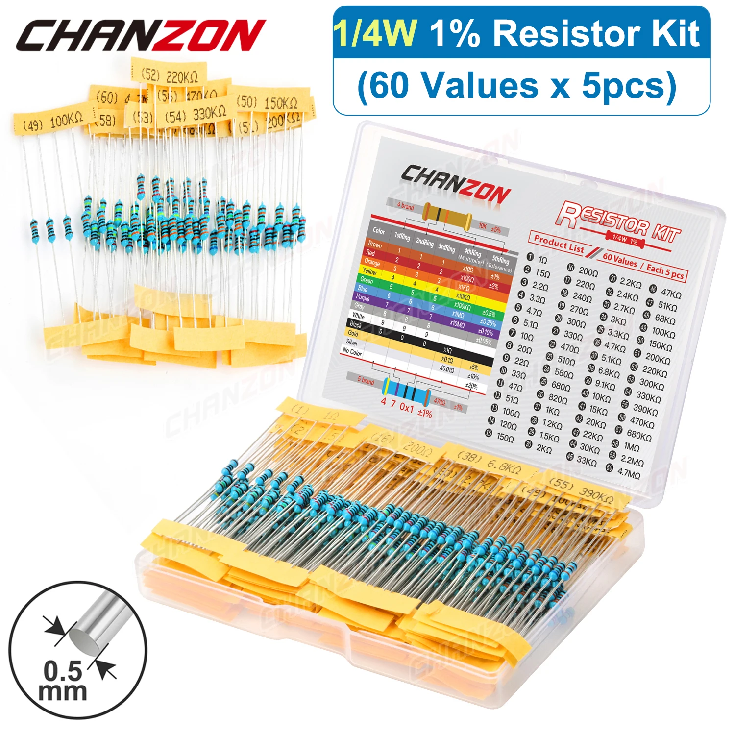 300Pcs/Pack 60 Values 1/4W Metal Film Resistors Kit 1 10 220 330 470 1K 4.7K 10K Ohm 1% High Precision Resistance Set Assortment