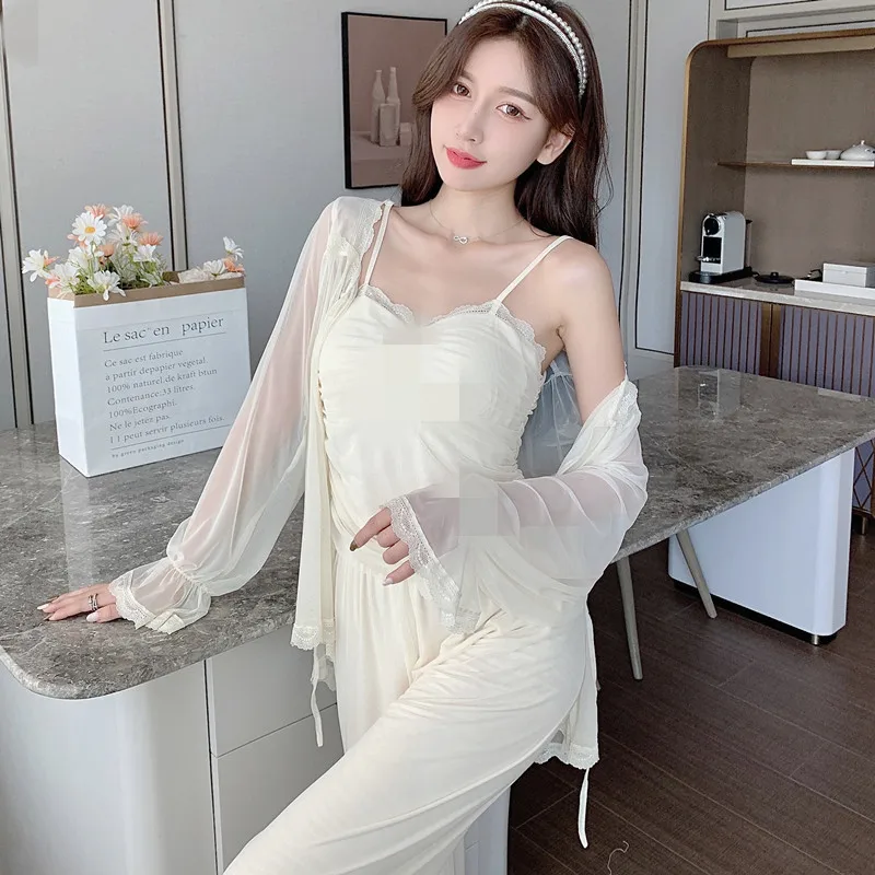 

Lounge Wear Modal Lace Stitching Sleepwear Women 3PCS Shirt&Pants Intimate Lingerie Soft Pajamas Loose Pyjamas Suit Home Clothes