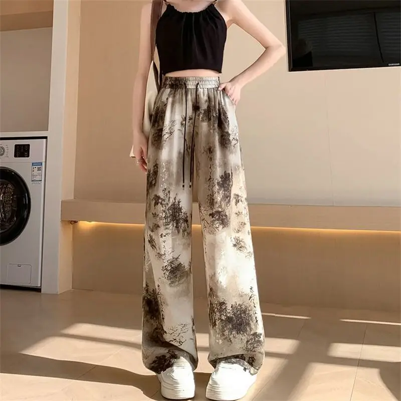 Chinese Style Ice Silk Ink Women's 2024 Summer New Spliced High Waisted Drawstring Pocket Comfortable Wide Casual Wide Leg Pants