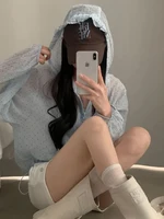 Polka Dot Printed Long Sve Women's Summer Fre Sle Anti UV Hat Jaet Korean Loose Fit Bubble Sve Zipper Closure o...