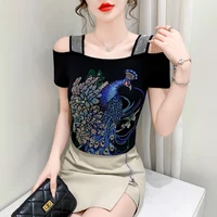 Streetwear Sexy Off-Shoulder Summer T-shirt for Women High Quality Luxury Shiny Diamond Tees Slim Fit Girl Top European Clothing - Image 4