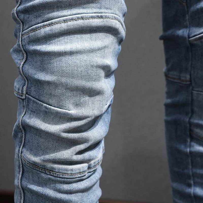 Street Fashion Men Jeans Retro Light Blue Elastic Stretch Slim Fit Spliced Designer Biker Jeans Men Patched Hip Hop Denim Pants