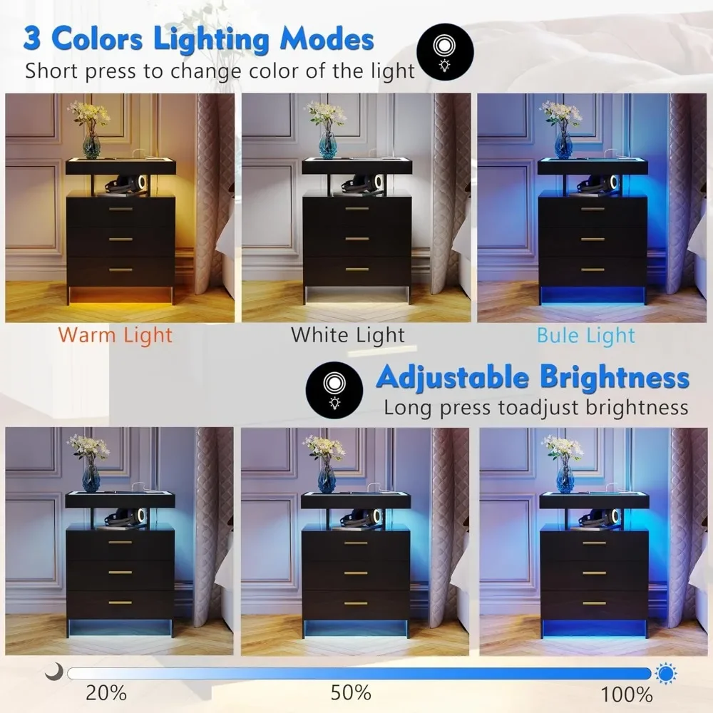 Nightstands Wireless Charging Station Auto Sensor 3 Color Dimmable LED Night Stand Bedside Table 3 Drawers