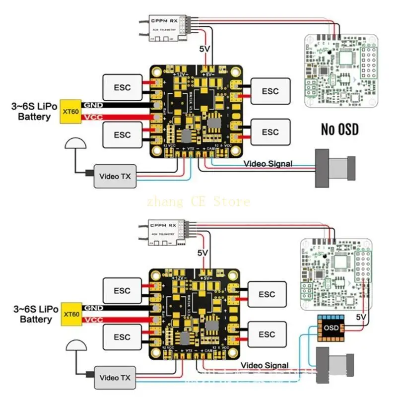 Carte PDB 4 couches 2oz avec BEC intégré, offrant des sorties 5V et 12V pour les accessoires du drone.