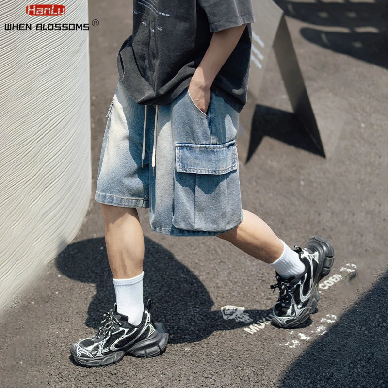 2024 Summer New Men's Cargo Jean Shorts Korean Street