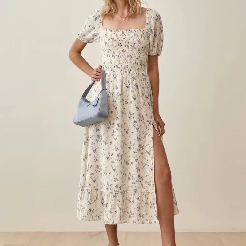 Retro French White Color Blue Floral Print Women Midi Slit Dress ...