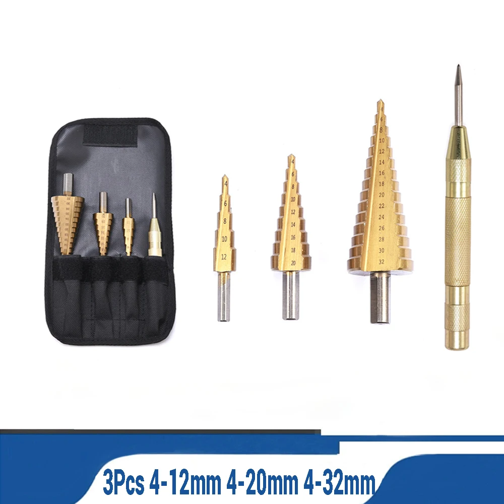 

3Pcs Titanium Drill Bit Set 4-12mm 4-20mm 4-32mm HSS Step Metal Drill Bit Cone Multiple Hole Set With Automatic Center Punch