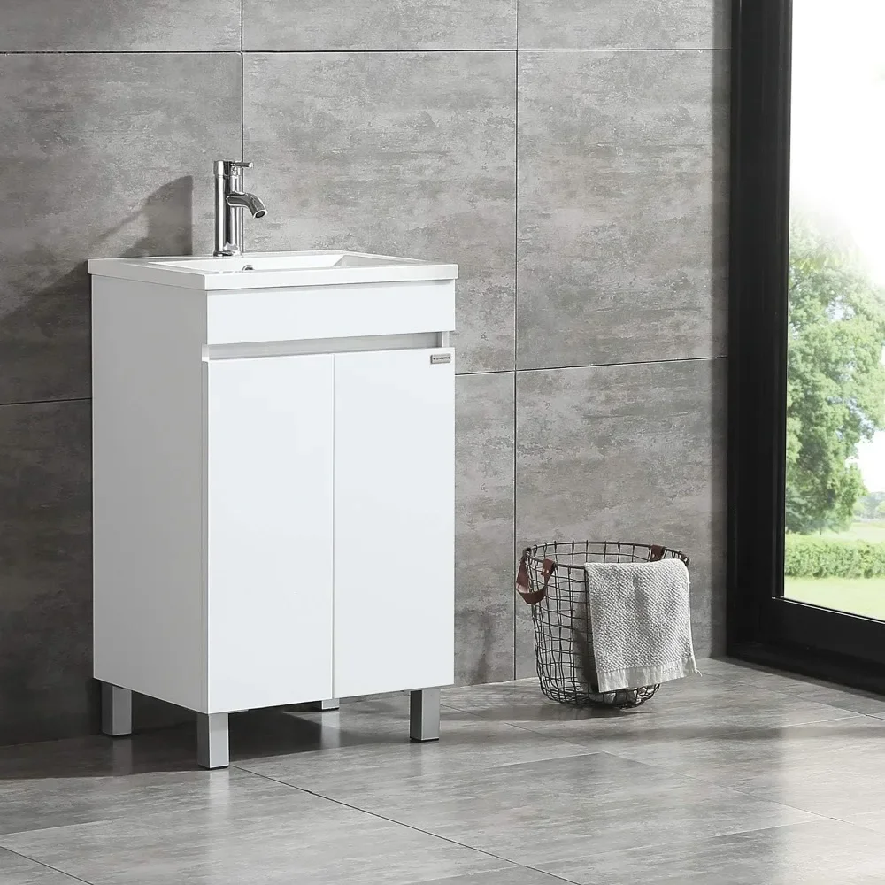20 Inch Free Standing Bathroom Vanity Cabinet with 2 Doors Undermount Resin Sink and Chrome Faucet Combo White 3