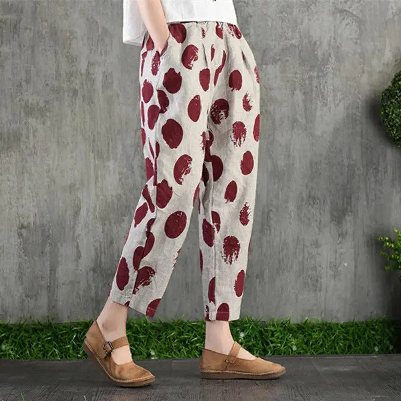 Thin Style Breathable Summer Women Literature Vintage Fashion Loose Pure Cotton Printing Large Size Casual Office Lady Trousers