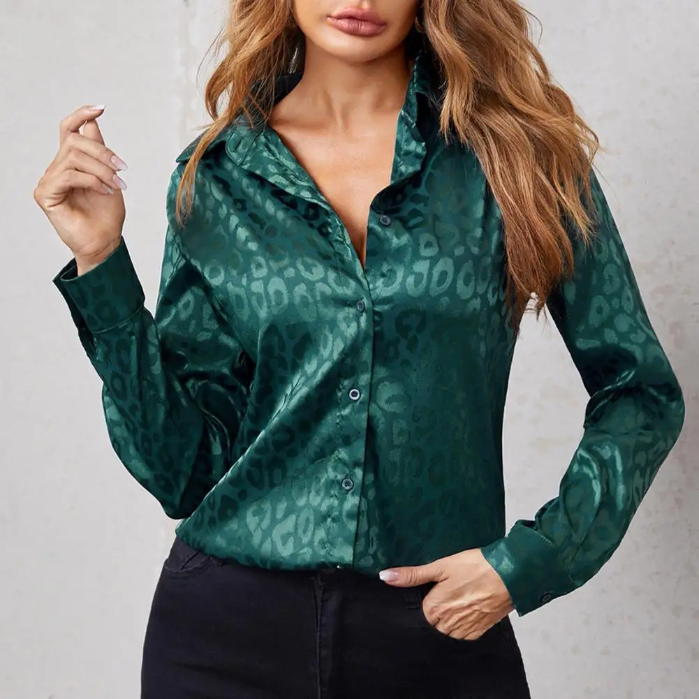 

Women Spring Shirt Leopard Print Long Sleeves Lapel Loose Smooth Applique Single-breasted Cardigan Formal Business Style Commute