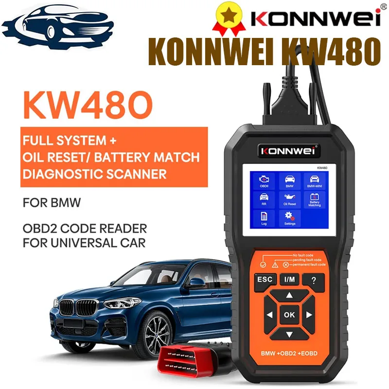 

Obd2 сканер KONNWEI KW480 для BMW, автомобильный Obd 2 ABS, подушки безопасности, SRS, масляный отдых, полная система, диагностический инструмент, подходит для батареи E38 E46