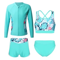 Kids Girls 4PCS Printed Swimsuit Long Sleeve Outerwear with Sleeveless Crop Top Briefs Shorts Bathing Suit Rash Guard Swimwear 3