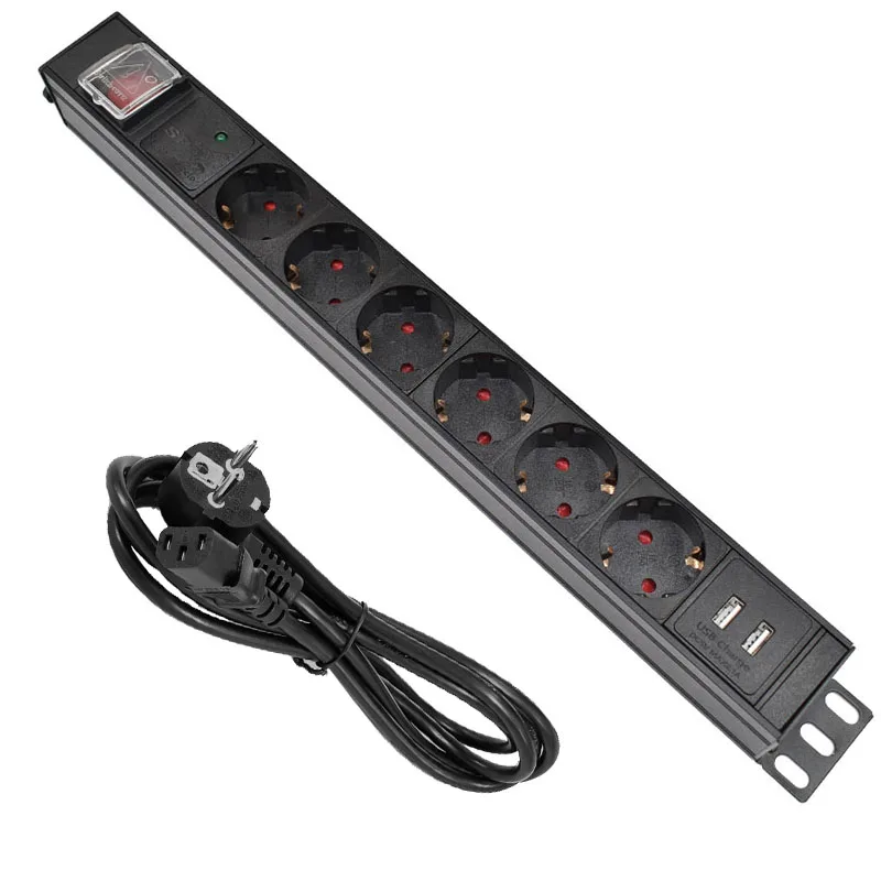 

PDU Power Strip Aluminum alloy 6 Way EU Power Strip Socket with IEC-C14 Port Outlet extend with USB Lightning protection