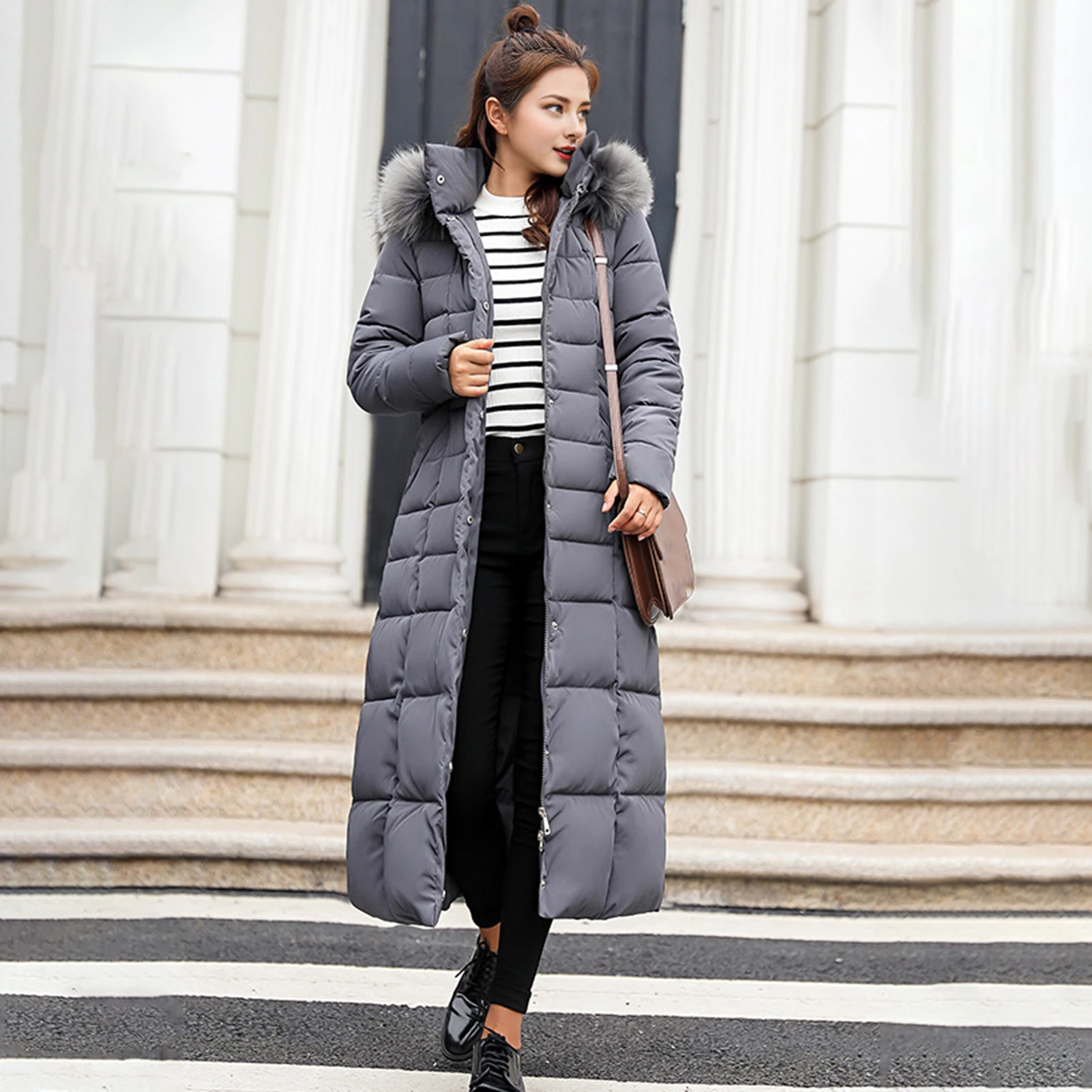 Winter Women Long Parkas Solid Colo Neck Hooded Cotton Jacket Pockets Windproof Zipper Closure Padded Outwear