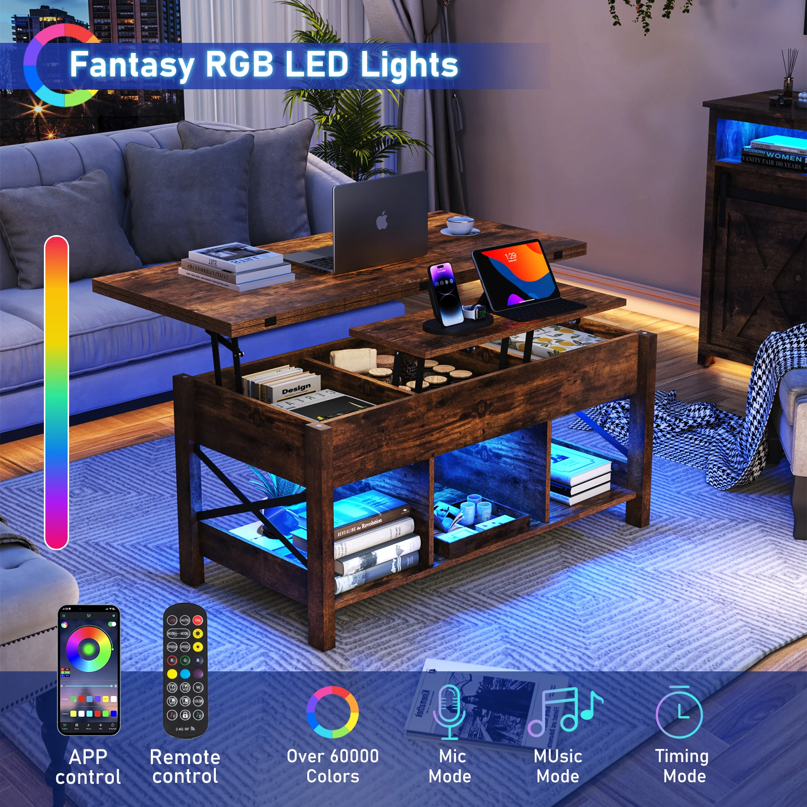 Multi-Functional lift top Coffee Table with Storage, living room rectangle center table with LED Lights & Charging Station