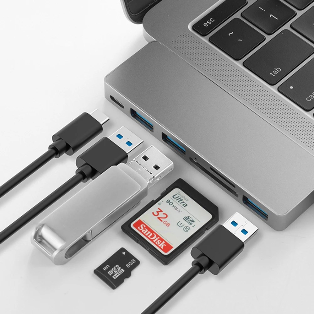 맥북 어댑터용 USB C 허브, USB 3.0, Tf, Sd 리더 슬롯, 맥북 에어 2020 2019 2018, Pd