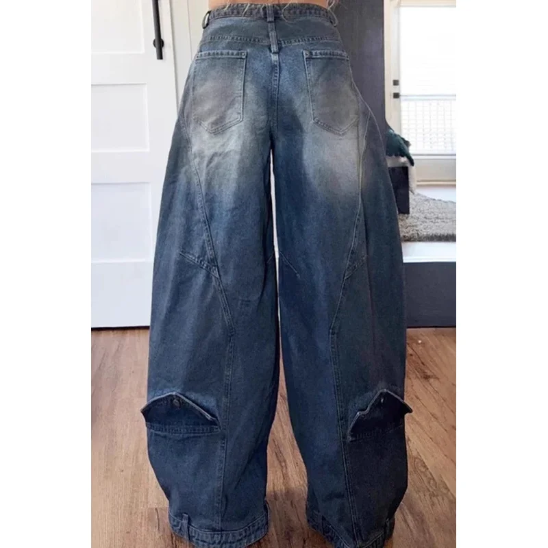 Y2K Women Loose Denim Jeans Asymmetric Button Pocket Washed Jean Casual Harajuku High Street Grunge Denim Trouders Pants 5