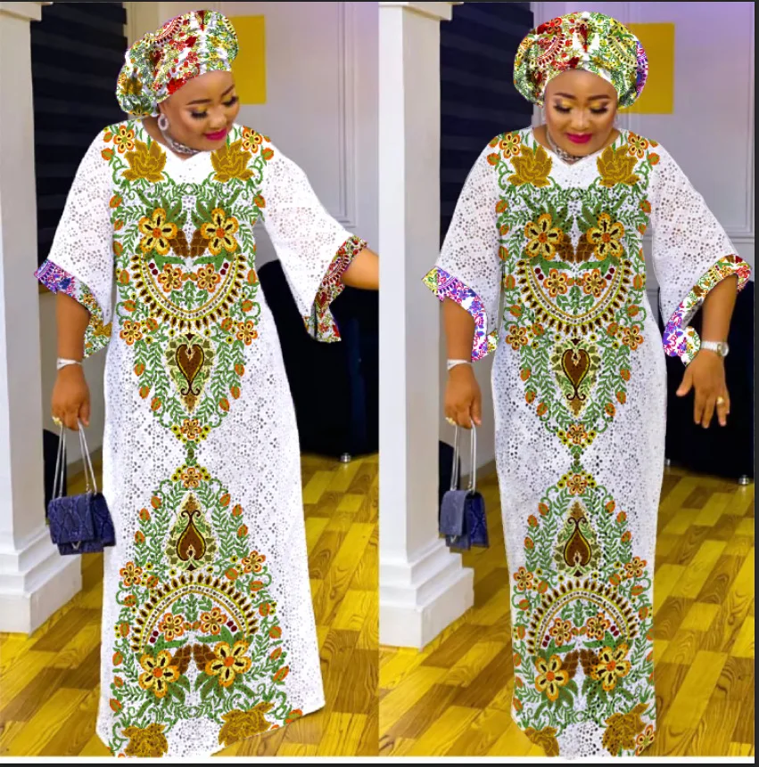 Dashiki African Dresses For Women Traditional Floral Embroidered Lace Dress Plus Size Boubou Party Hippie Clothing Long Robe