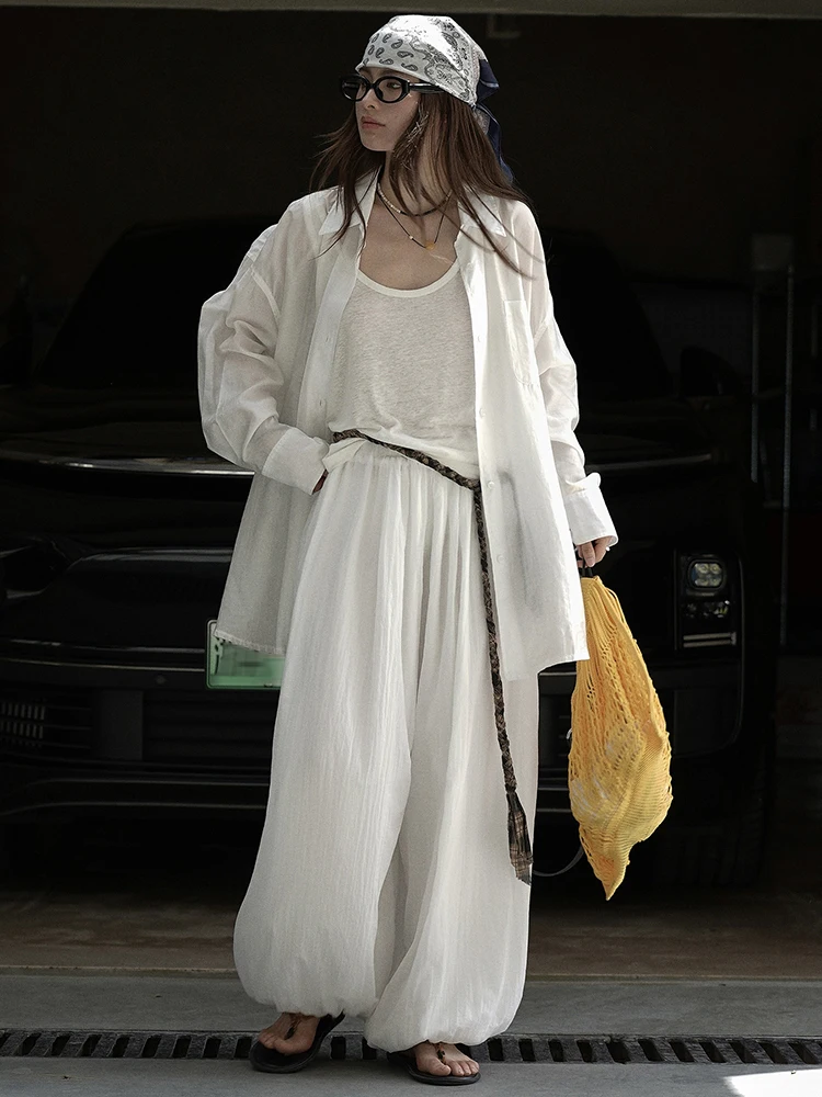 [EAM] High Elastic Waist White Thin Pleated Long Wide Leg Pants New Trousers Women Fashion Tide Spring Autumn 2026 1DJ3267