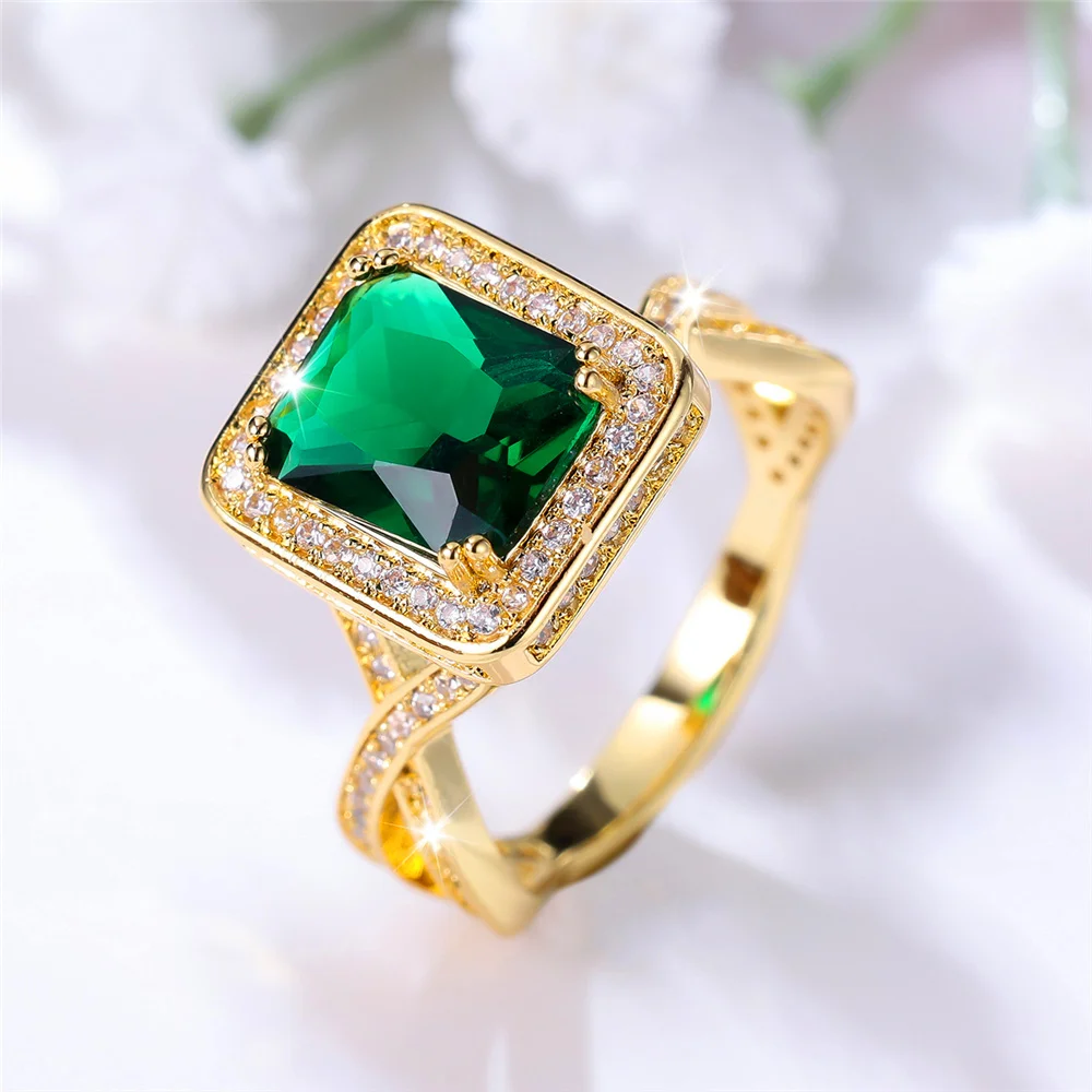 Cute Female Green Stone Square Ring Vintage Yellow Gold Color Wedding Jewelry For Women