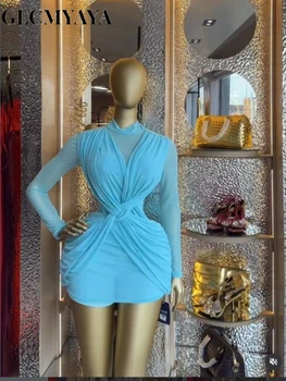 CM.YAYA Women Wrap Front Stacked Ruched Long Sleeve Bodycon Mini Midi Dress 2026 Street Beach Party Education Dresses Vestidos 1