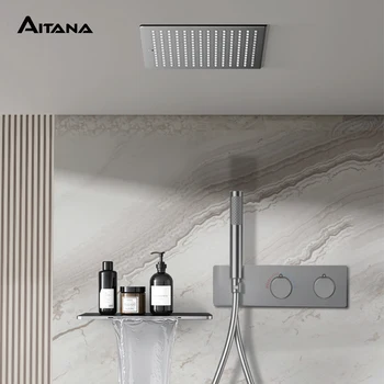 สีดำชุดฝักบัวห้องน้ำฝักบัวอาบน้ำอุณหภูมิคงที่โคมไฟเพดานน้ำตกก๊อกน้ำซ่อนเข้ากับผนังเพดานอาบน้ำ 1