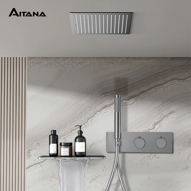 สีดำชุดฝักบัวห้องน้ำฝักบัวอาบน้ำอุณหภูมิคงที่โคมไฟเพดานน้ำตกก๊อกน้ำซ่อนเข้ากับผนังเพดานอาบน้ำ 1