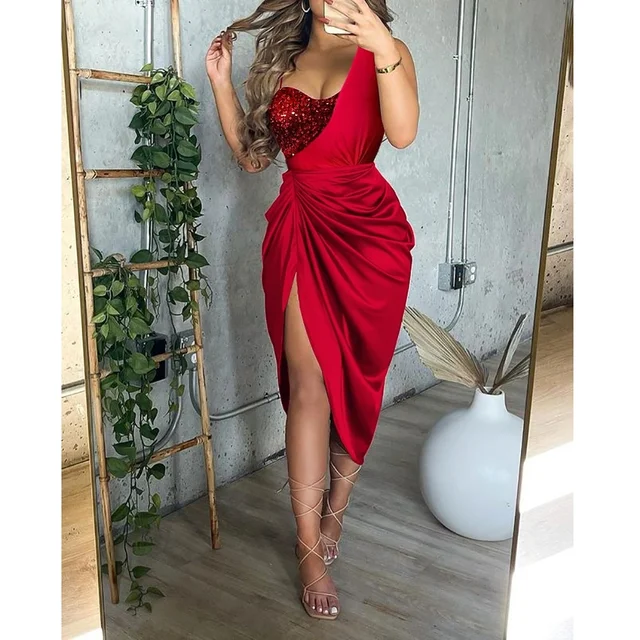 Chicme Elegant Women Satin Contrast Sequin Split Thigh Ruched Dress Party  Dress Asymmetrical Neck Sleeveless Dress High Slit Mid - Dresses -  AliExpress