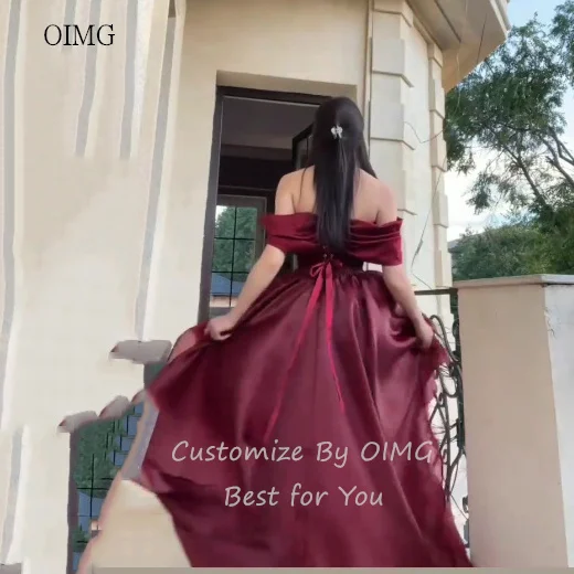 OIMG Elegant Burgundy Off The Shoulder Asymmetry Prom Gowns - Fabric Detail 4