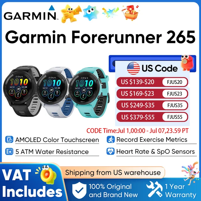 Garmin Forerunner 265 GPS 46mm Smartwatch 1.3" AMOLED Touchscreen Display Heart Rate Monitoring Training Metric Message Notice