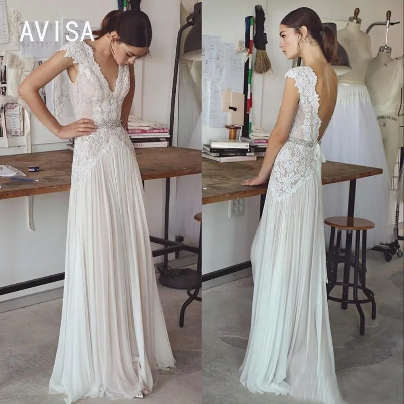 

Boho A-line Wedding Dresss Lace Appliques Deep V Neck Bohemian Sleeveless Vestido De Novia Backless Bridal Gown Sweep Train