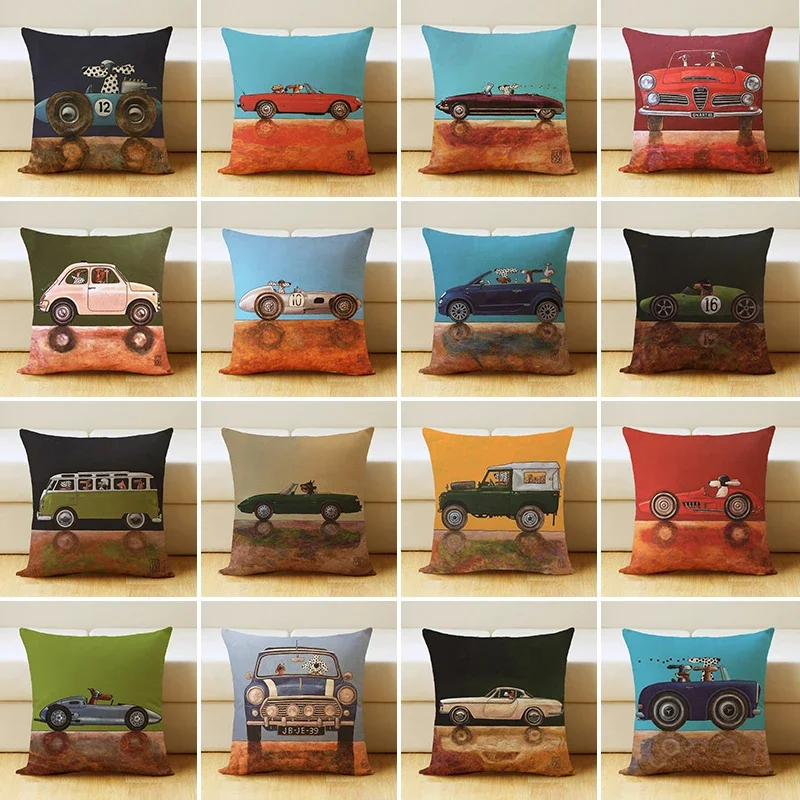 

Creative Cartoon Dog Pet Animal Pillow Cases Funny Drive A Car Cushion Cover Linen 45x45cm Happy Pooch Sofa Home Pillowslip