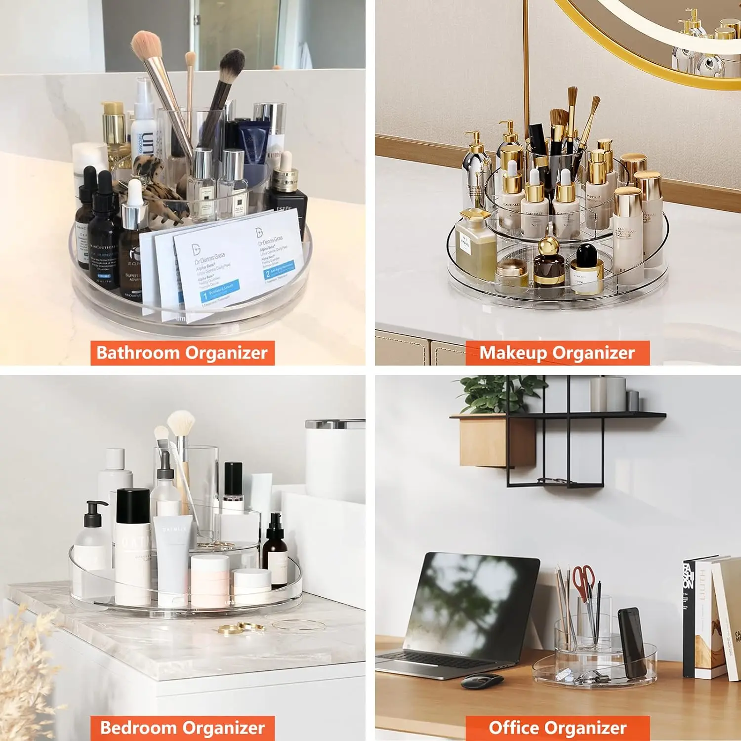 360 Rotating Makeup Organizer, Lazy Susan Turntable Cosmetics Storage Tray, 2 Layers Round Spinning Holder Organizer Case for 5