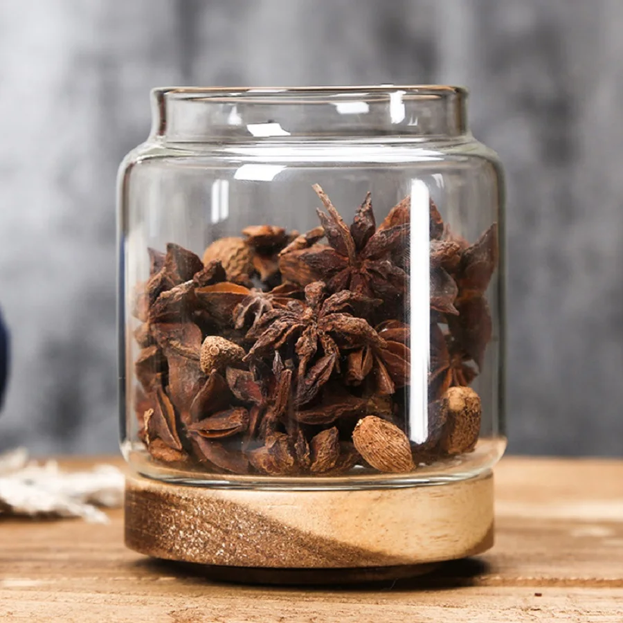 Compact Glass Storage Jar with Airtight Wooden Lid - Ideal for Coffee, Beans, Rice, and Sugar