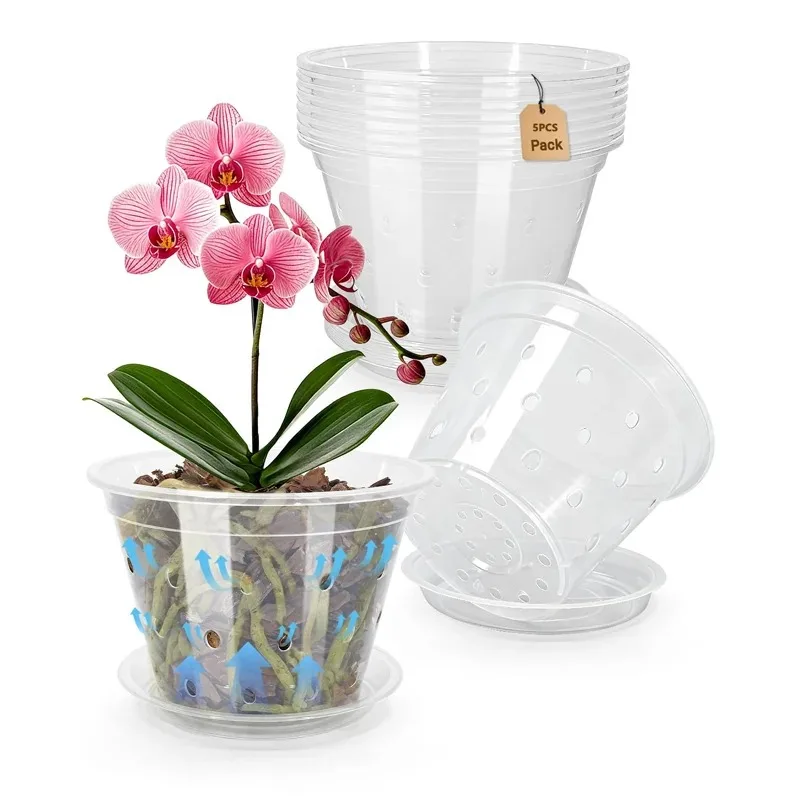 Set of 5 Transparent Breathable Orchid Planter Pots with Side Holes and Trays
